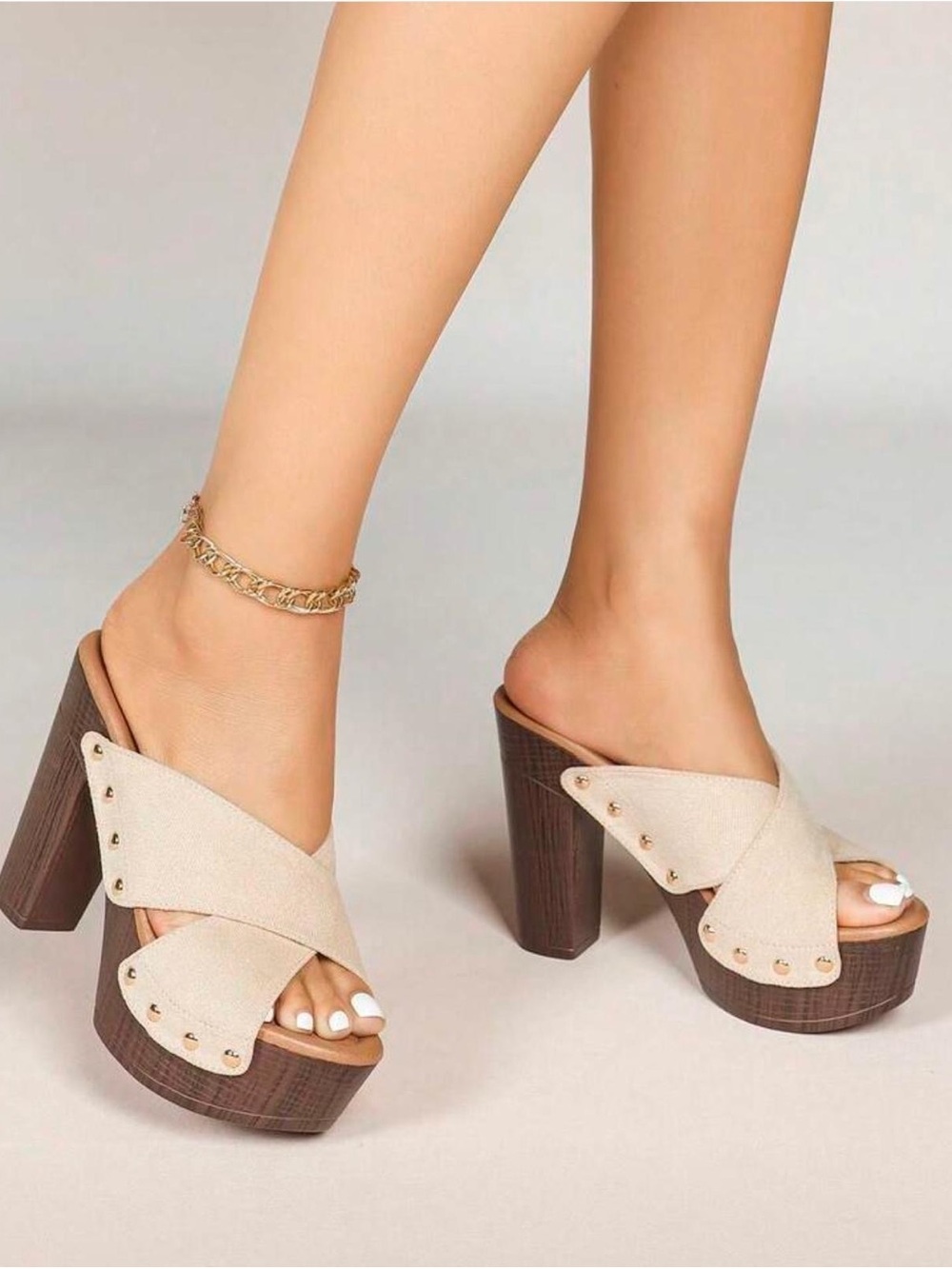 Neutral Cross-Strap Platform Mules with Stud Accents